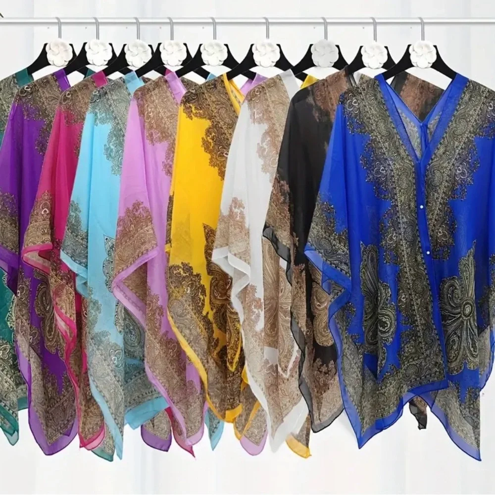 Lightweight Chiffon Peplum Shawl Scarf Jacquard Beach Cover Up Button Wrap